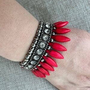 Bold Red Beaded Bracelet with Rhinestone Accents